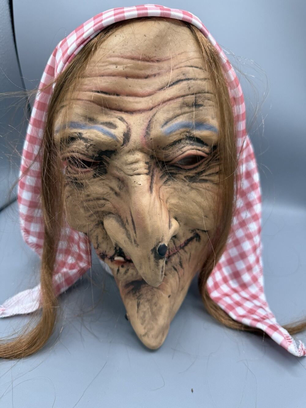 Vintage Old Hag Witch Mask Latex Rubber Gingham Scarf Hair Halloween Creepy
